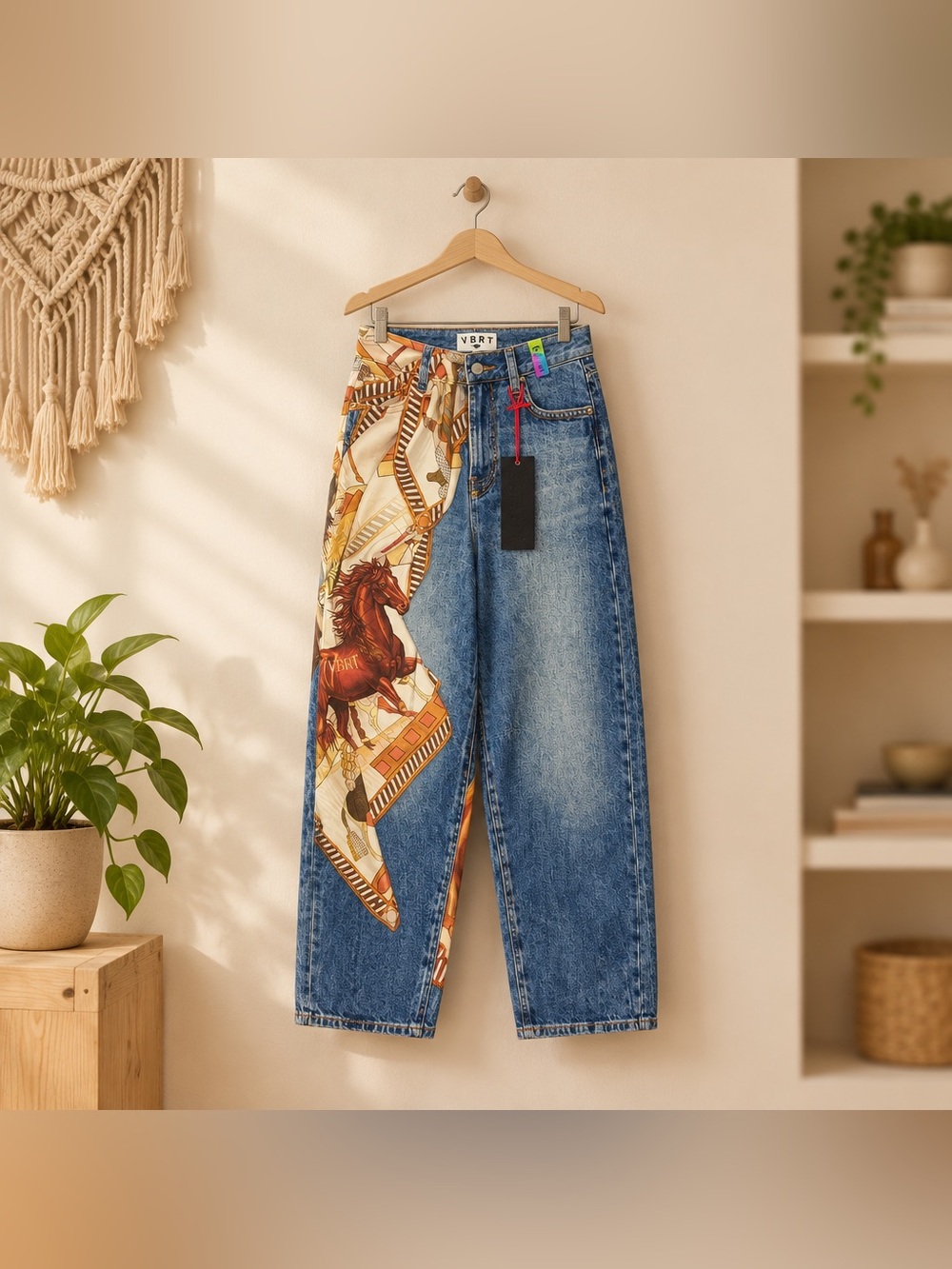 NWT Horse Scarf Digital Print Baggy Jeans